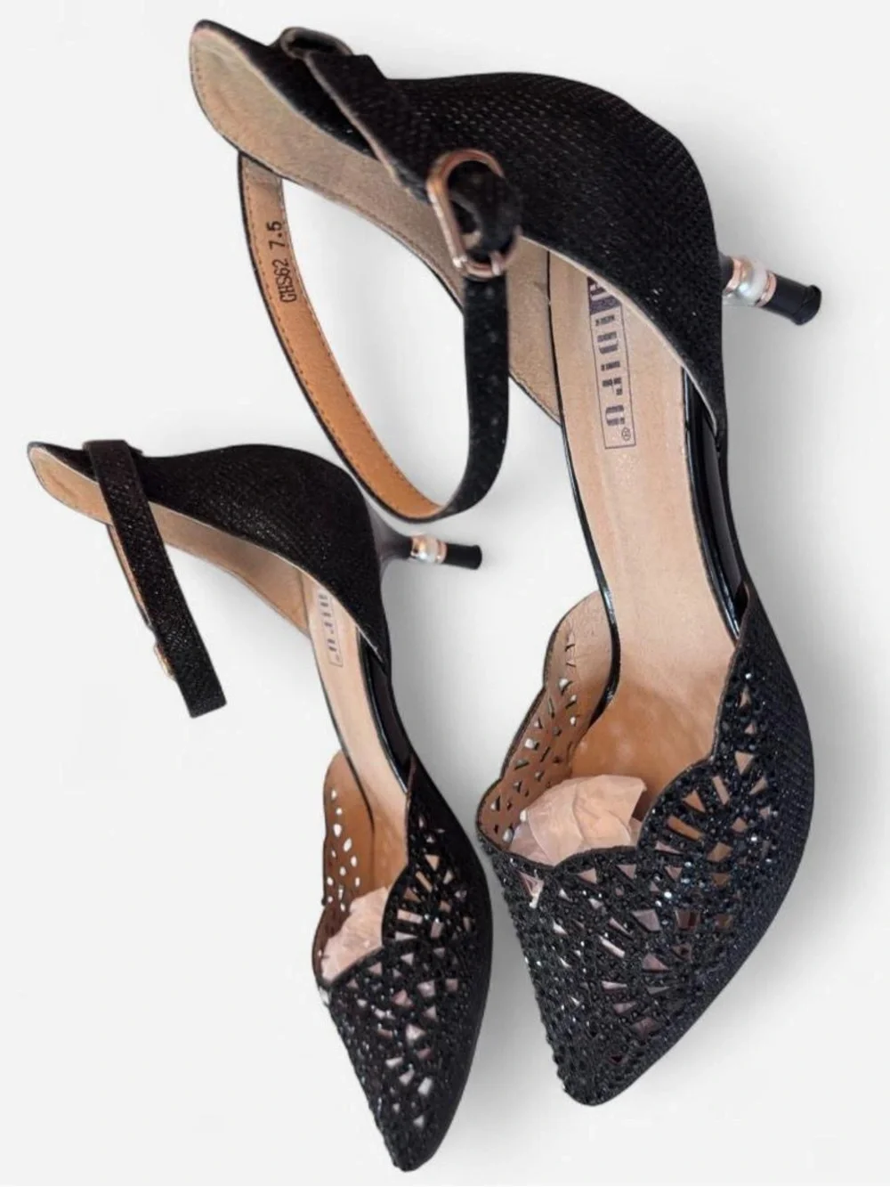 IDIFU Black Rhinestone Pearl Accent Ankle Strap Heels Size 7.5